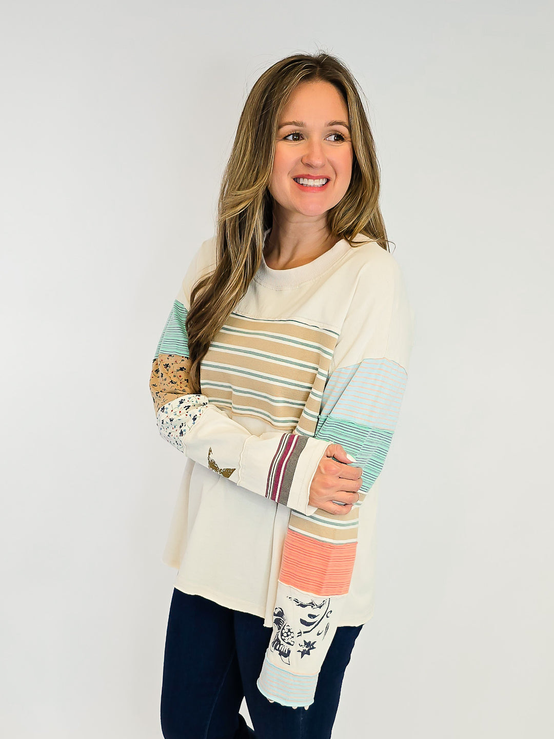 STRIPE MIX TERRY SOFT WASHED PULLOVER - ECRU
