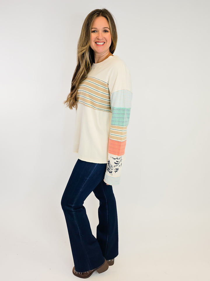 STRIPE MIX TERRY SOFT WASHED PULLOVER - ECRU