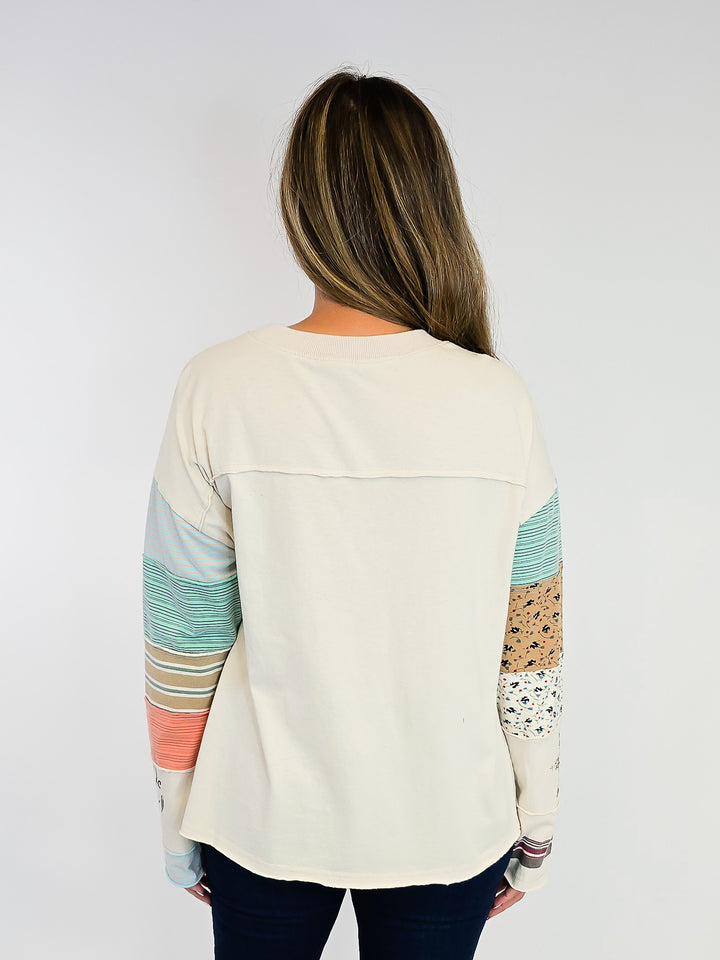 STRIPE MIX TERRY SOFT WASHED PULLOVER - ECRU