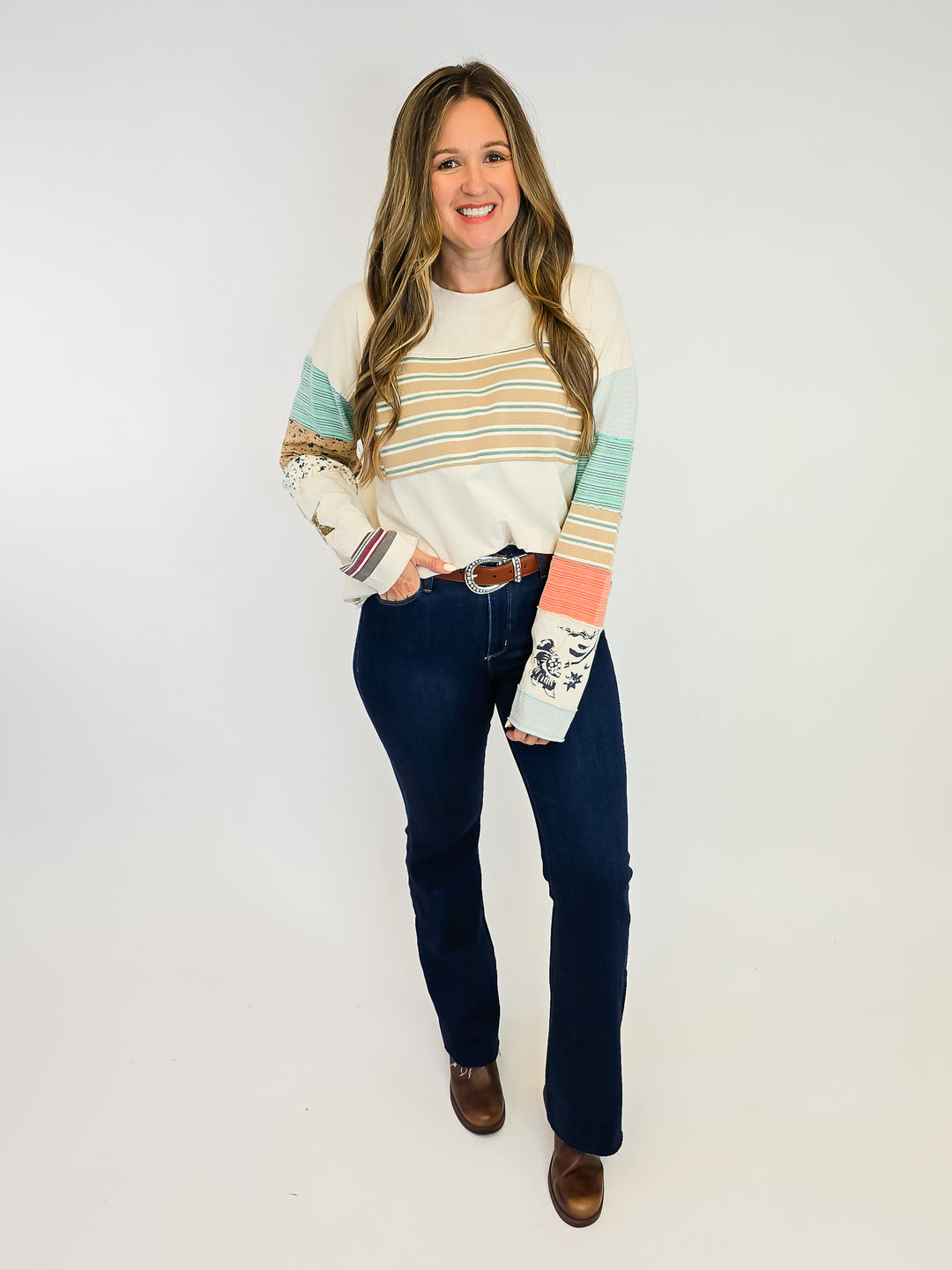 STRIPE MIX TERRY SOFT WASHED PULLOVER - ECRU