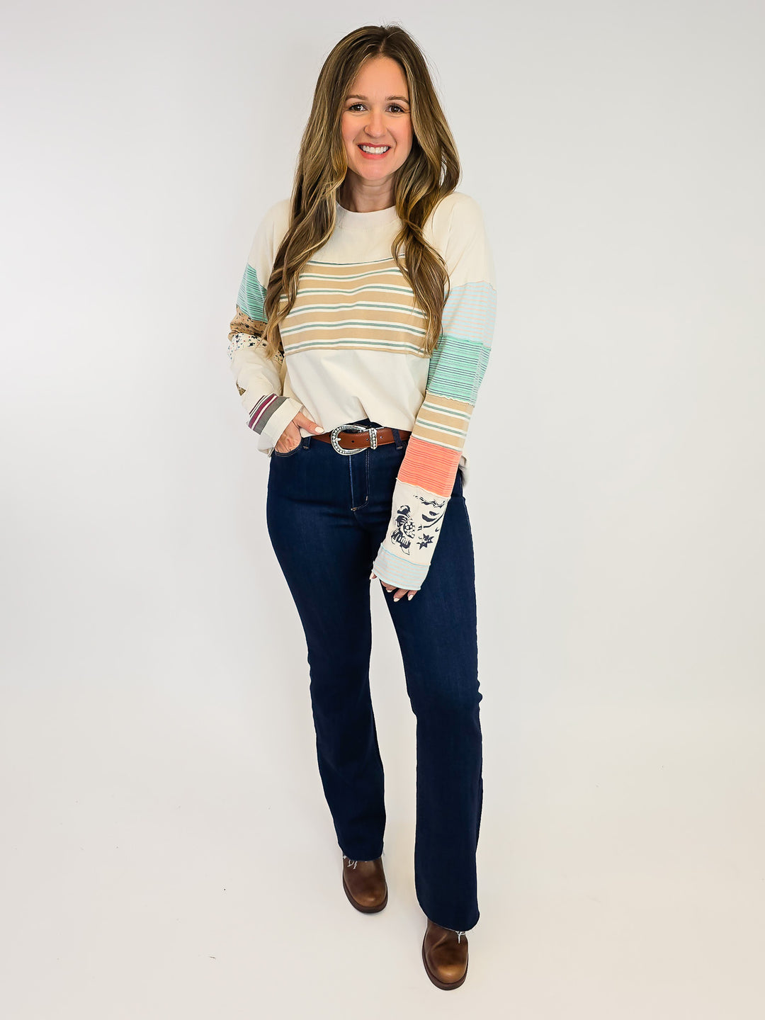 STRIPE MIX TERRY SOFT WASHED PULLOVER - ECRU