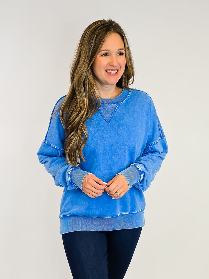 MINERAL WASHED TERRY PULLOVER - DAY BLUE