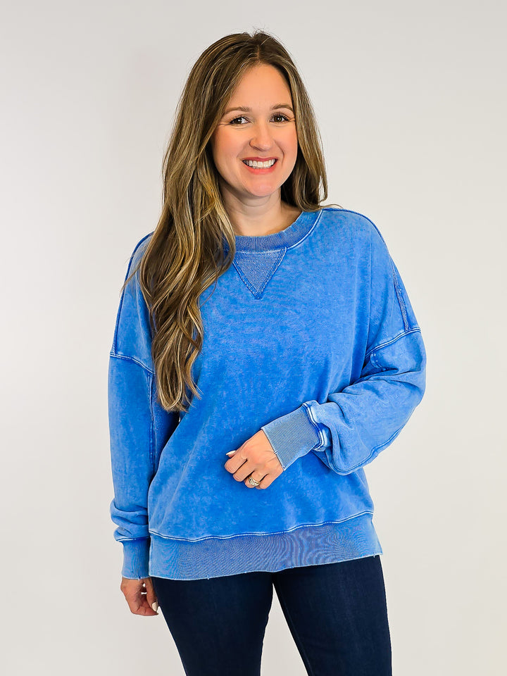 MINERAL WASHED TERRY PULLOVER - DAY BLUE