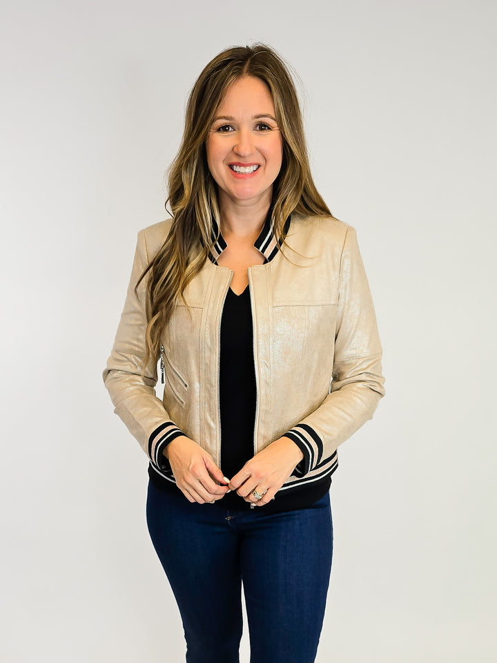 ZIP UP FAUX LEATHER JACKET - FAWN