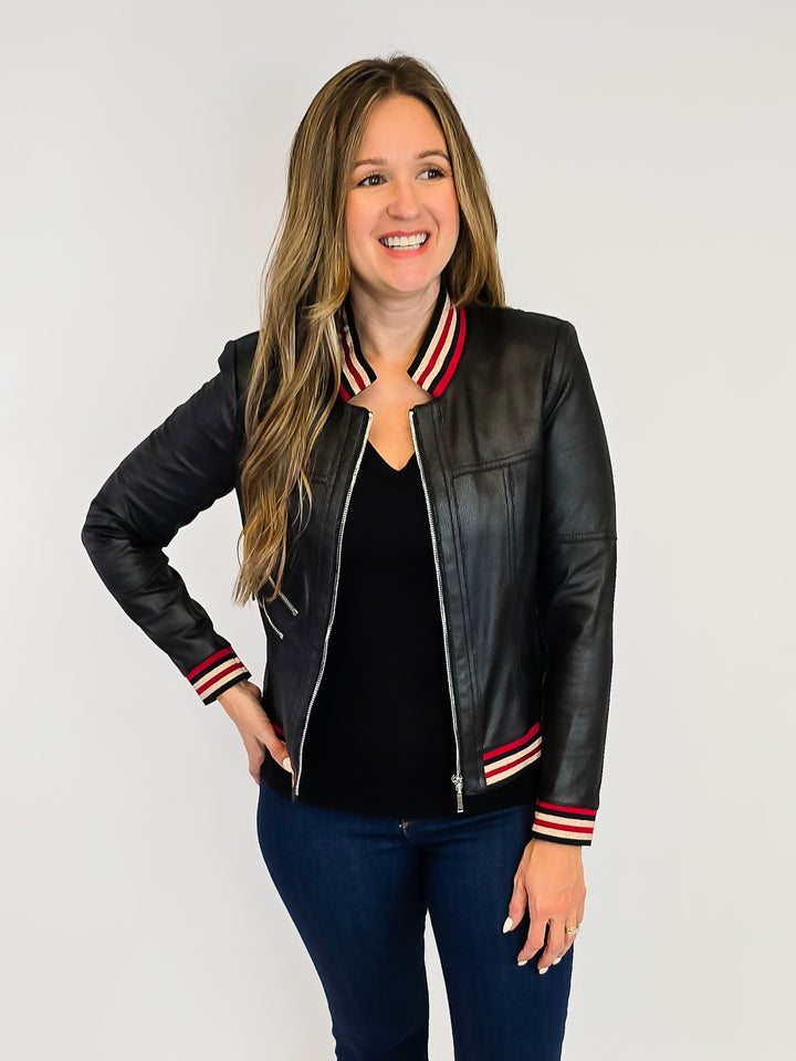 ZIP UP FAUX LEATHER JACKET - BLACK
