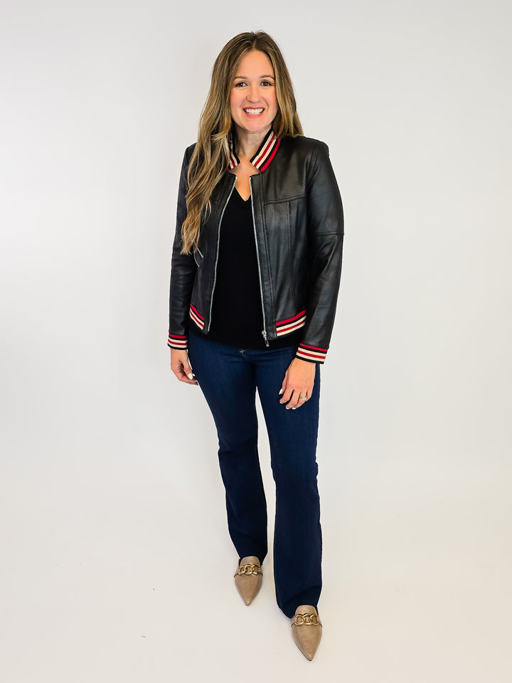 ZIP UP FAUX LEATHER JACKET - BLACK