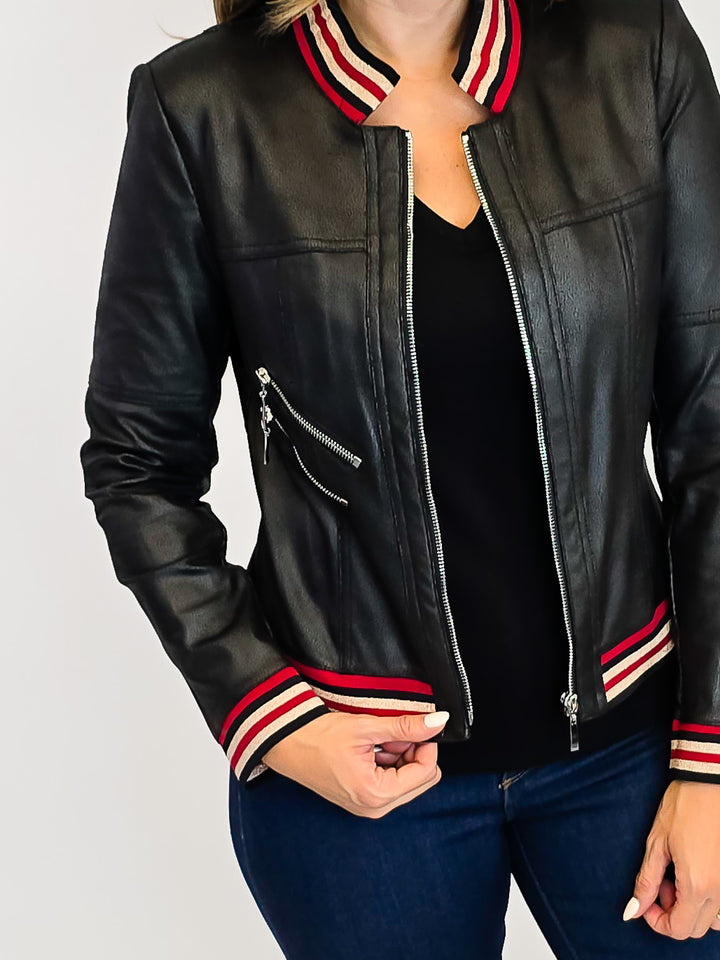 ZIP UP FAUX LEATHER JACKET - BLACK