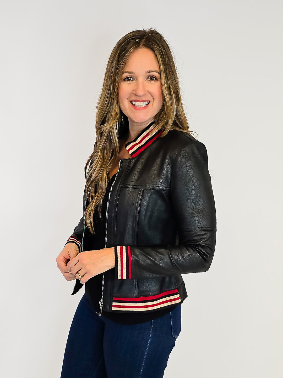 ZIP UP FAUX LEATHER JACKET - BLACK