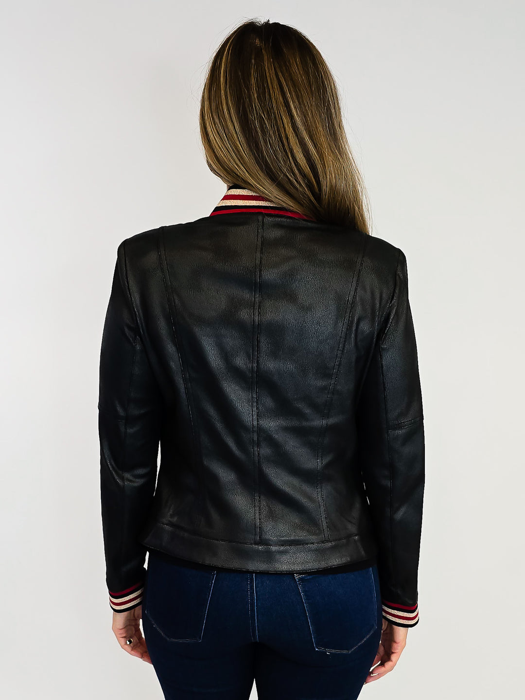 ZIP UP FAUX LEATHER JACKET - BLACK