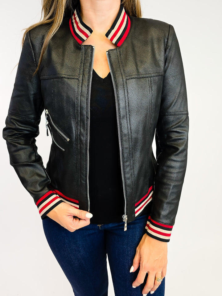 ZIP UP FAUX LEATHER JACKET - BLACK