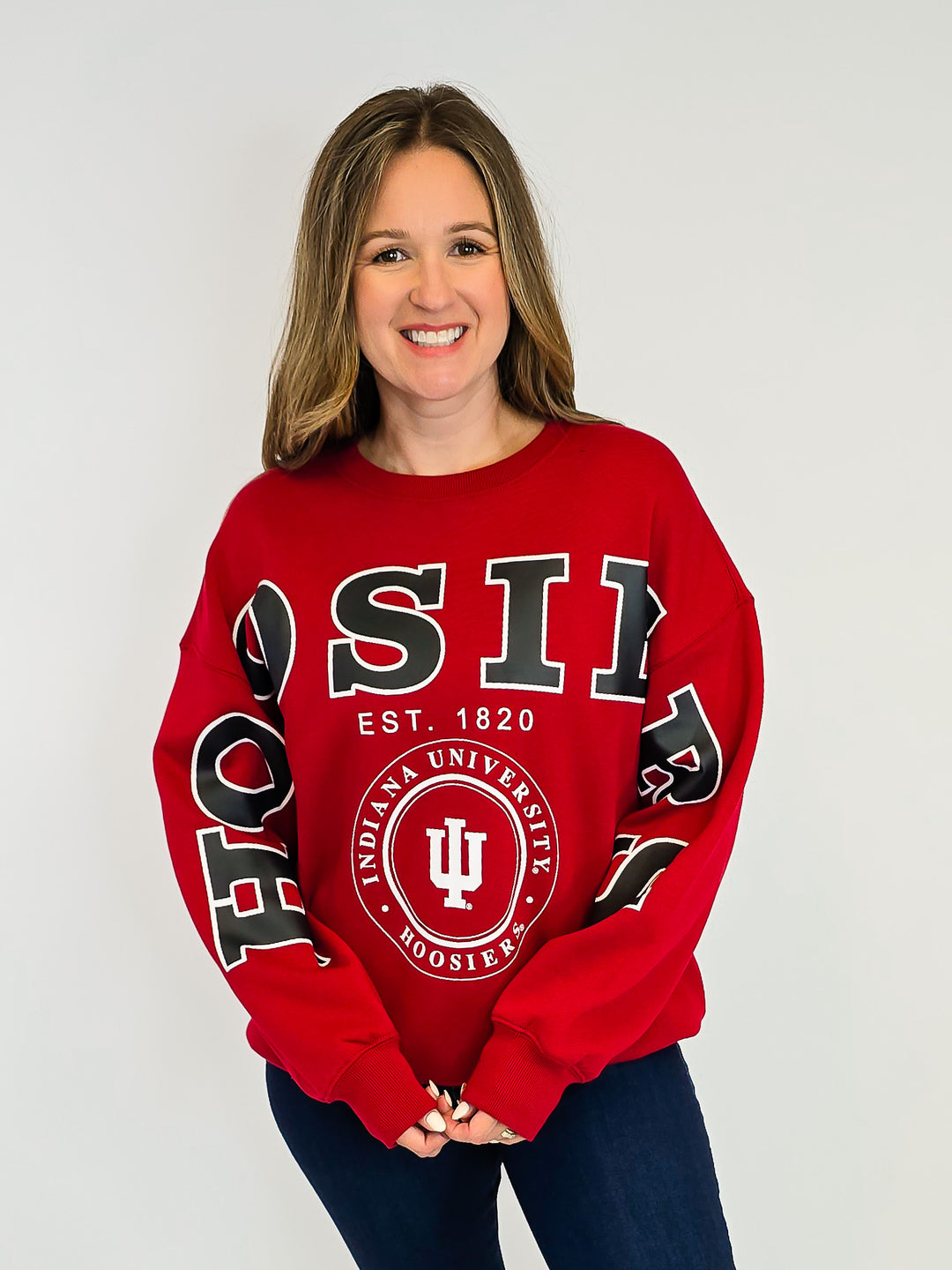 IU LONG SLEEVE SPLIT CREW SWEATER - CRIMSON