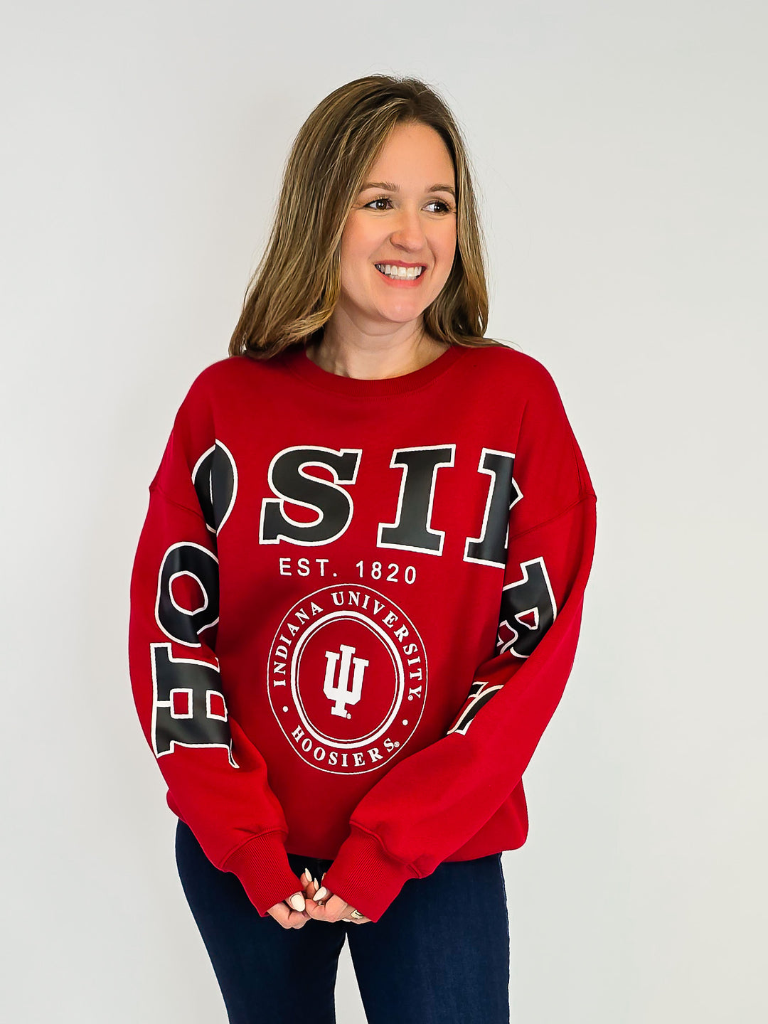 IU LONG SLEEVE SPLIT CREW SWEATER - CRIMSON