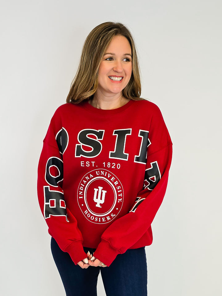IU LONG SLEEVE SPLIT CREW SWEATER - CRIMSON