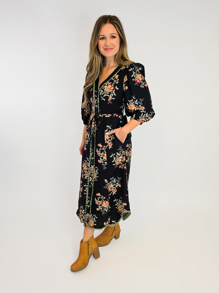 FLORAL MIDI DRESS W/ OLIVE TAPING DETAIL - BLACK