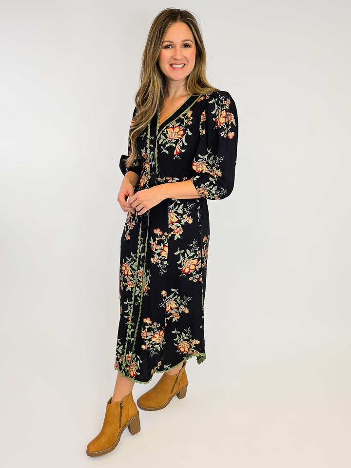 FLORAL MIDI DRESS W/ OLIVE TAPING DETAIL - BLACK