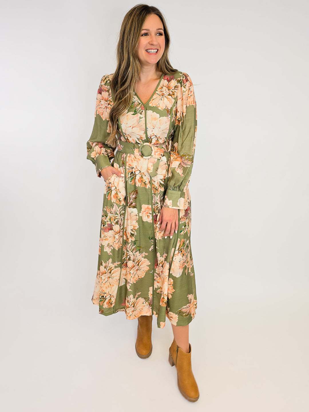 FLORAL MACI DRESS W/ LONG SLEEVES - OLIVE