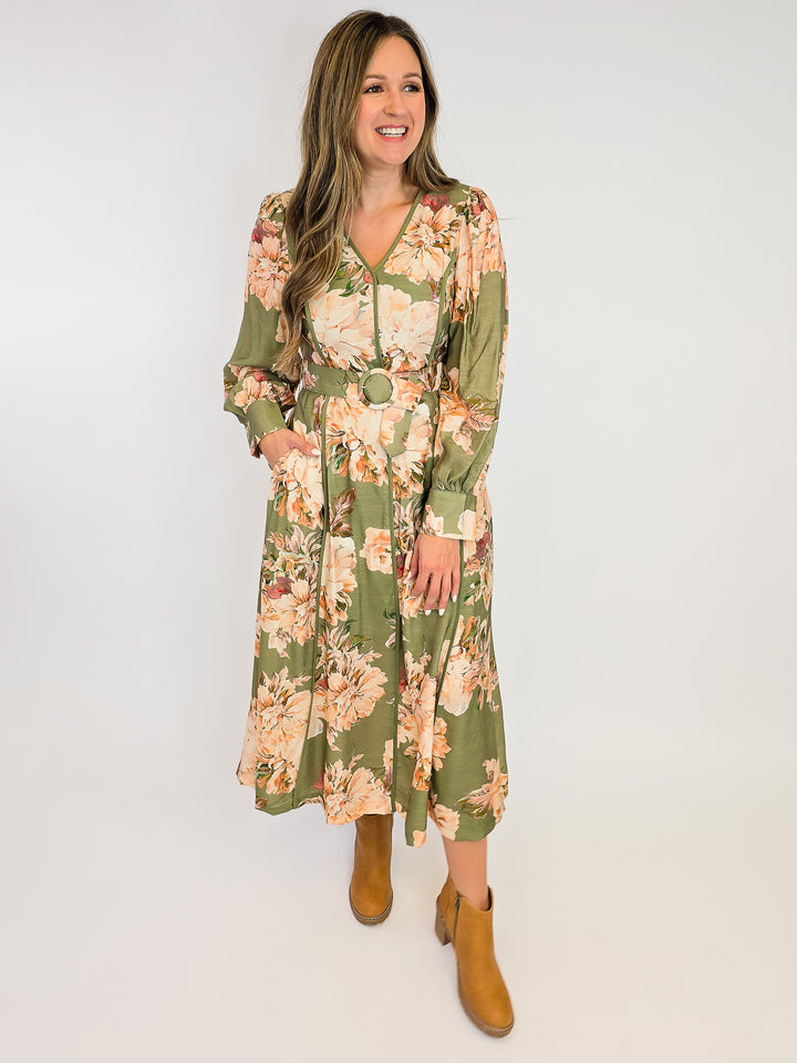 FLORAL MACI DRESS W/ LONG SLEEVES - OLIVE