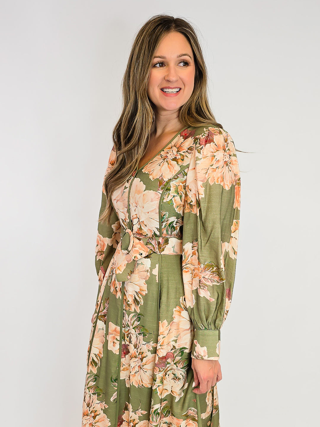 FLORAL MACI DRESS W/ LONG SLEEVES - OLIVE