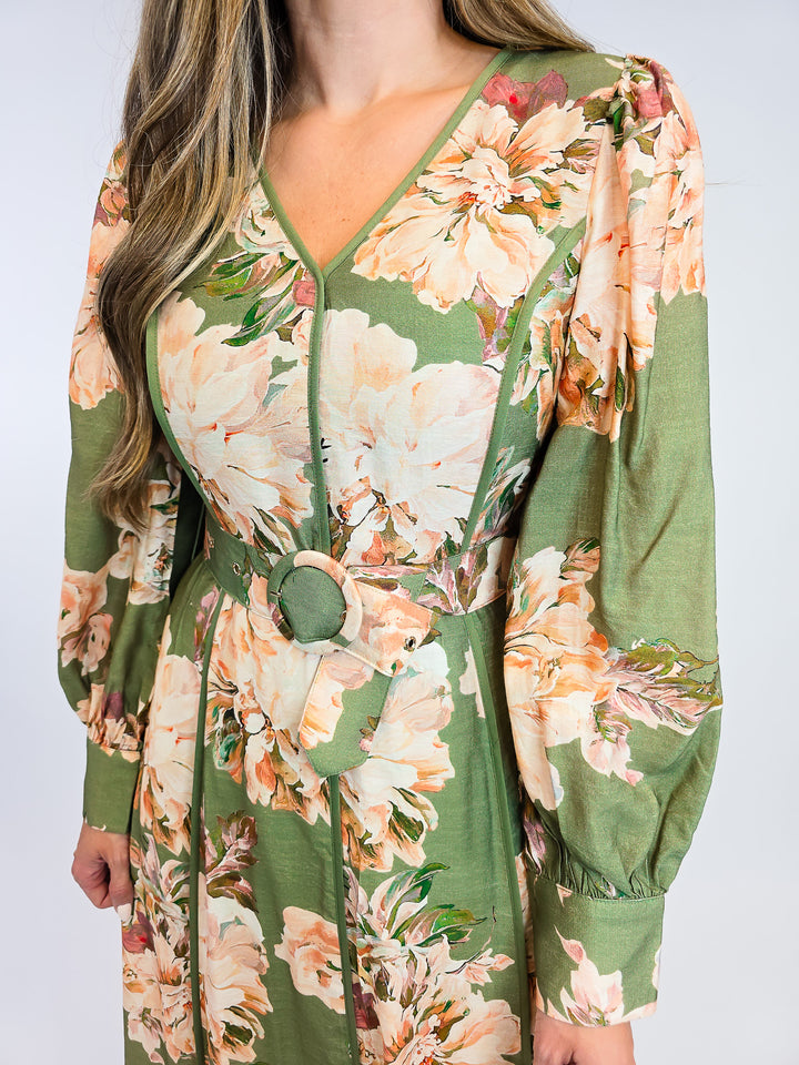 FLORAL MACI DRESS W/ LONG SLEEVES - OLIVE
