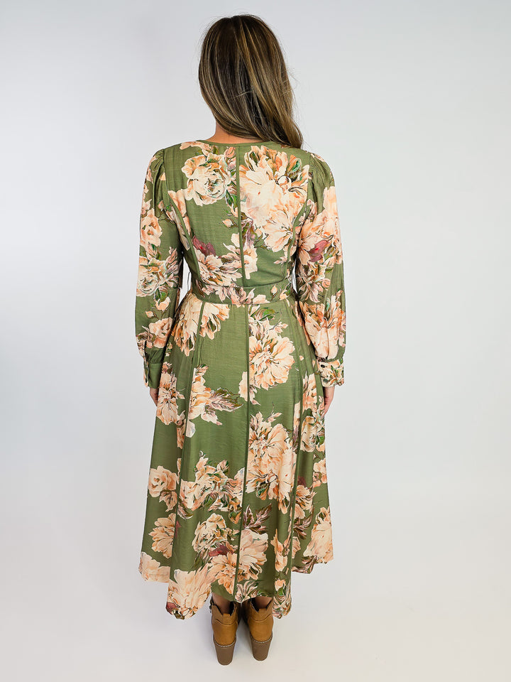 FLORAL MACI DRESS W/ LONG SLEEVES - OLIVE