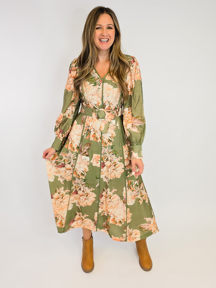 FLORAL MACI DRESS W/ LONG SLEEVES - OLIVE
