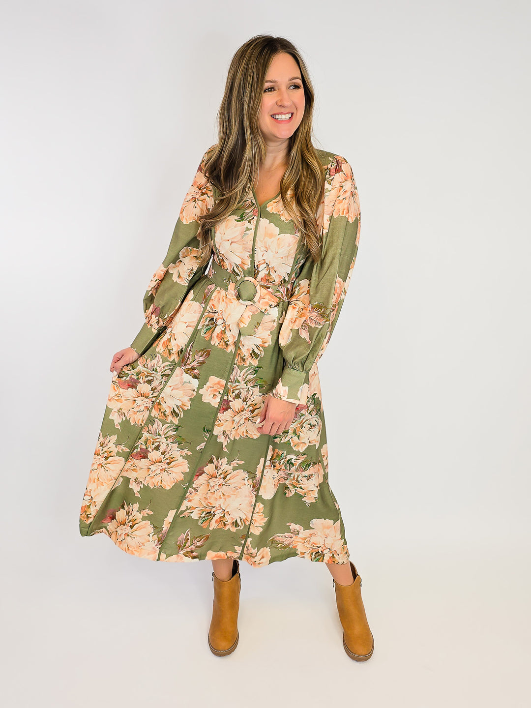 FLORAL MACI DRESS W/ LONG SLEEVES - OLIVE