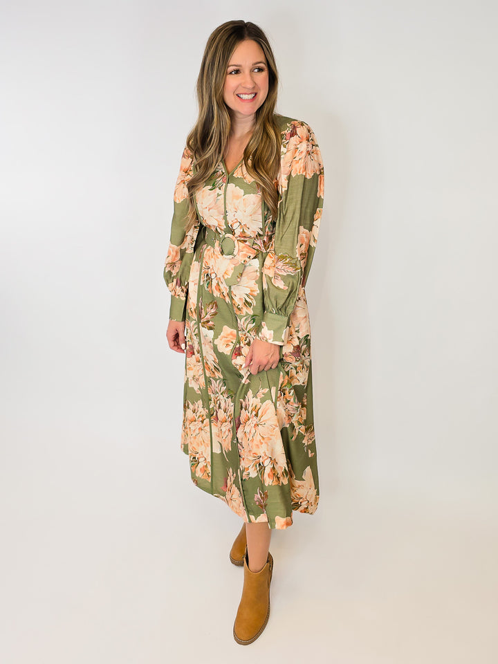 FLORAL MACI DRESS W/ LONG SLEEVES - OLIVE