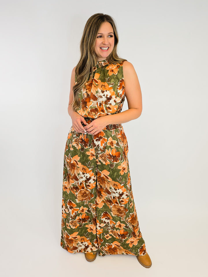 SLEEVELESS PRINTED MIRABELLE SATIN JUMPSUIT - OLIVE