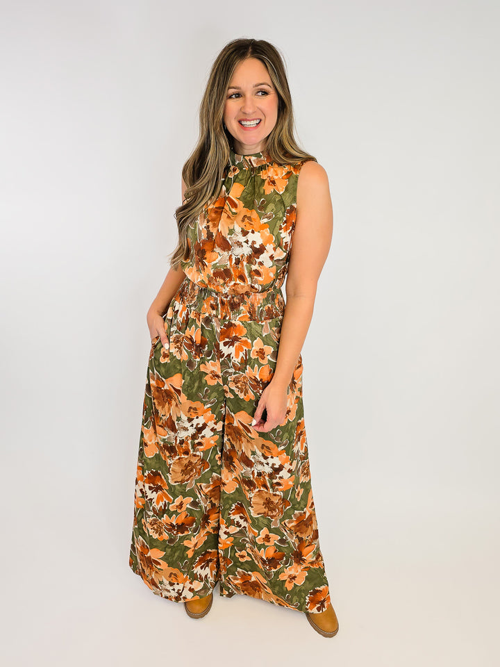SLEEVELESS PRINTED MIRABELLE SATIN JUMPSUIT - OLIVE