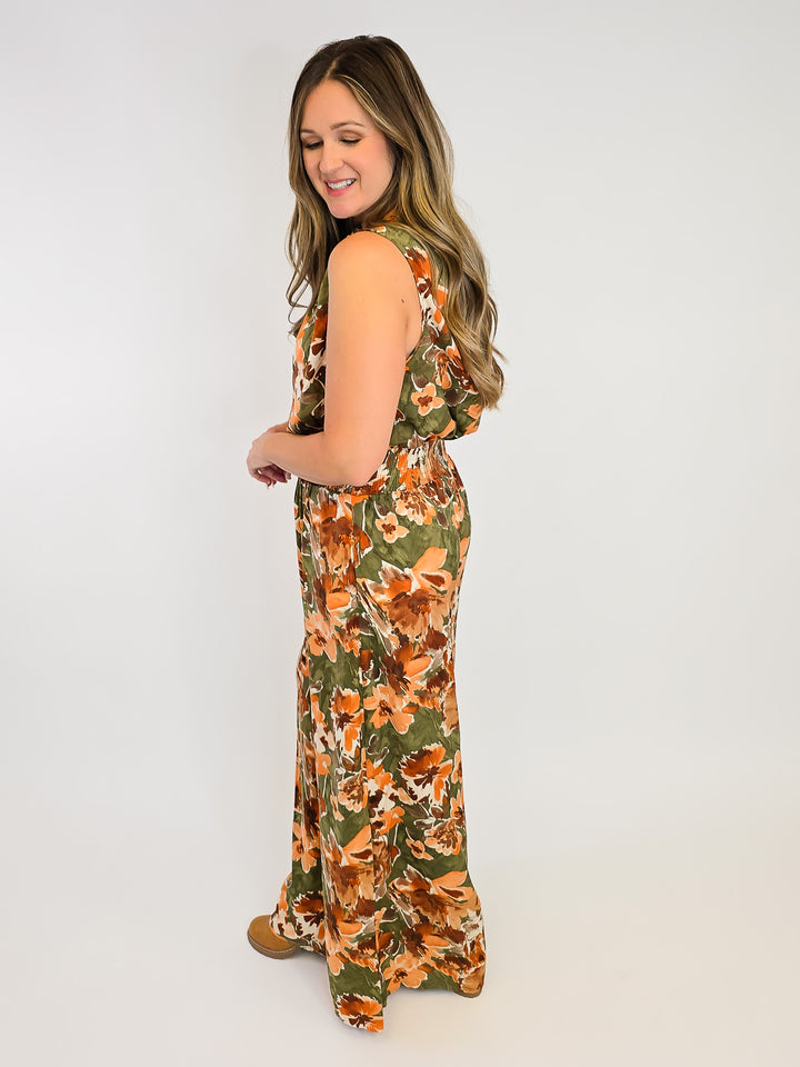 SLEEVELESS PRINTED MIRABELLE SATIN JUMPSUIT - OLIVE