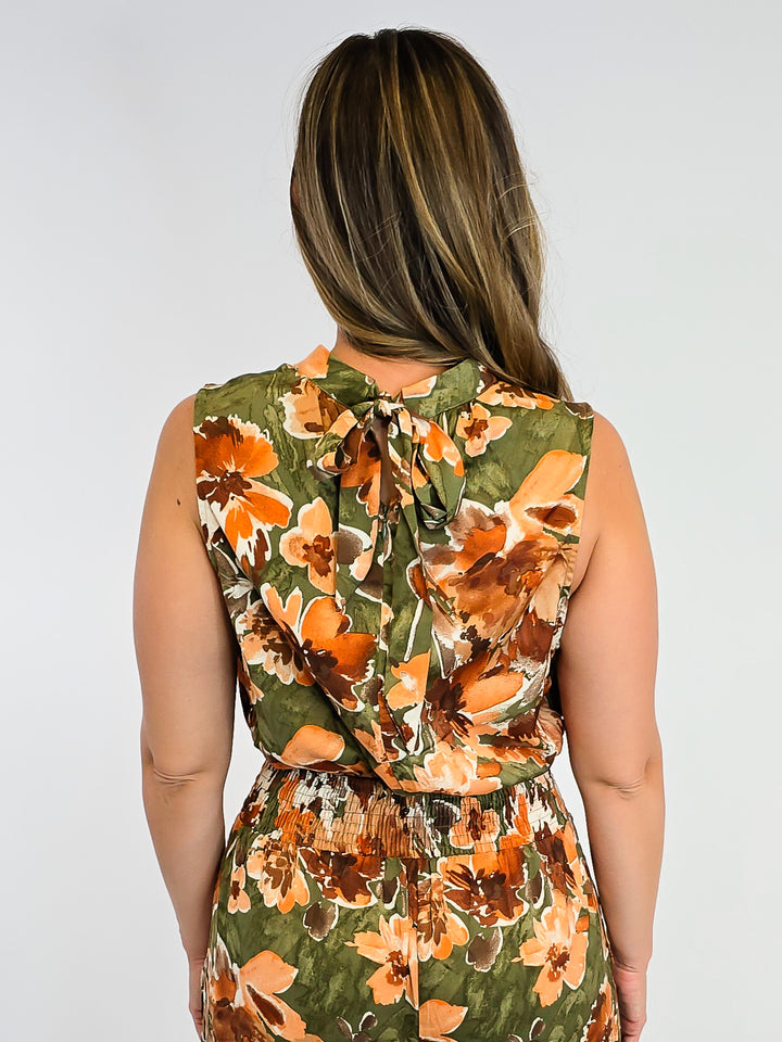 SLEEVELESS PRINTED MIRABELLE SATIN JUMPSUIT - OLIVE
