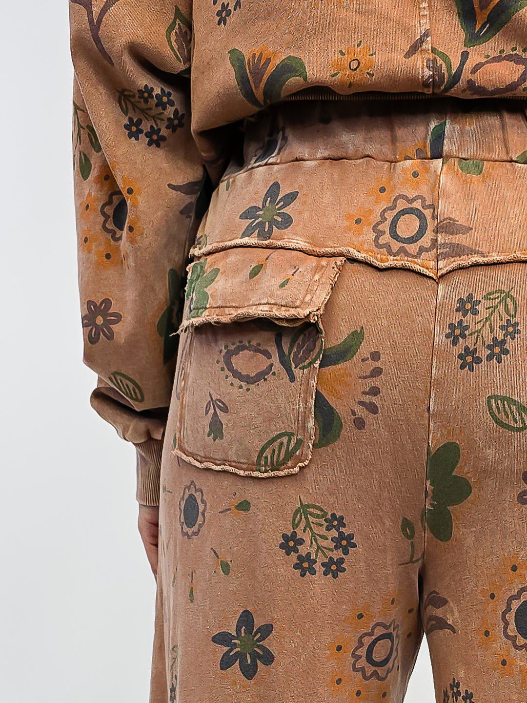 FLORAL PRINT WASHED TERRY WIDE LEG PANTS - MOCHA MOUSSE