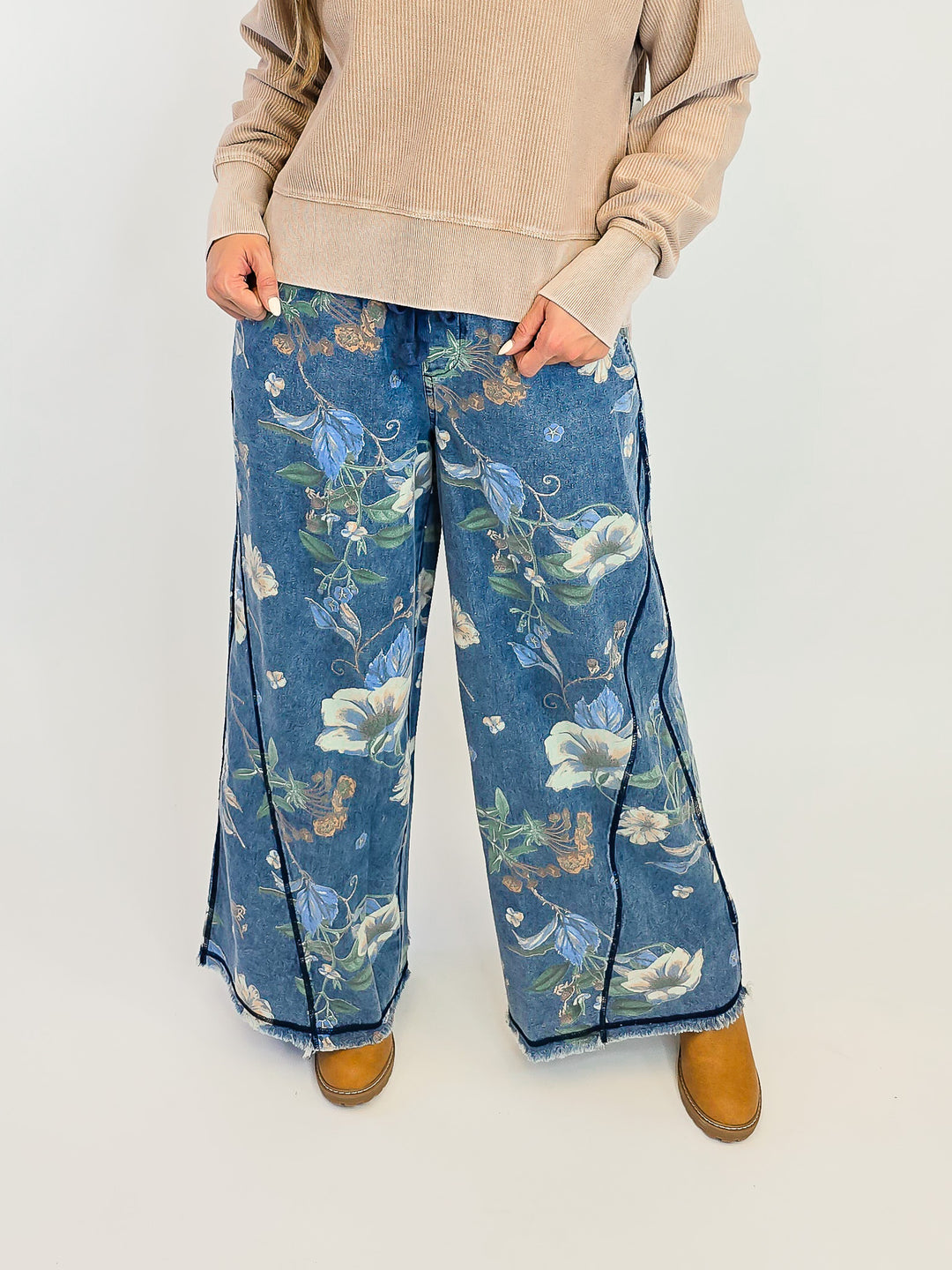 FLORAL PRINT WASHED DENIM WIDE LEG PANTS - BLUE