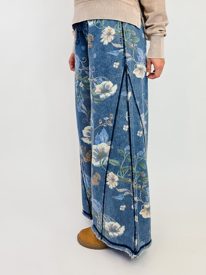 FLORAL PRINT WASHED DENIM WIDE LEG PANTS - BLUE