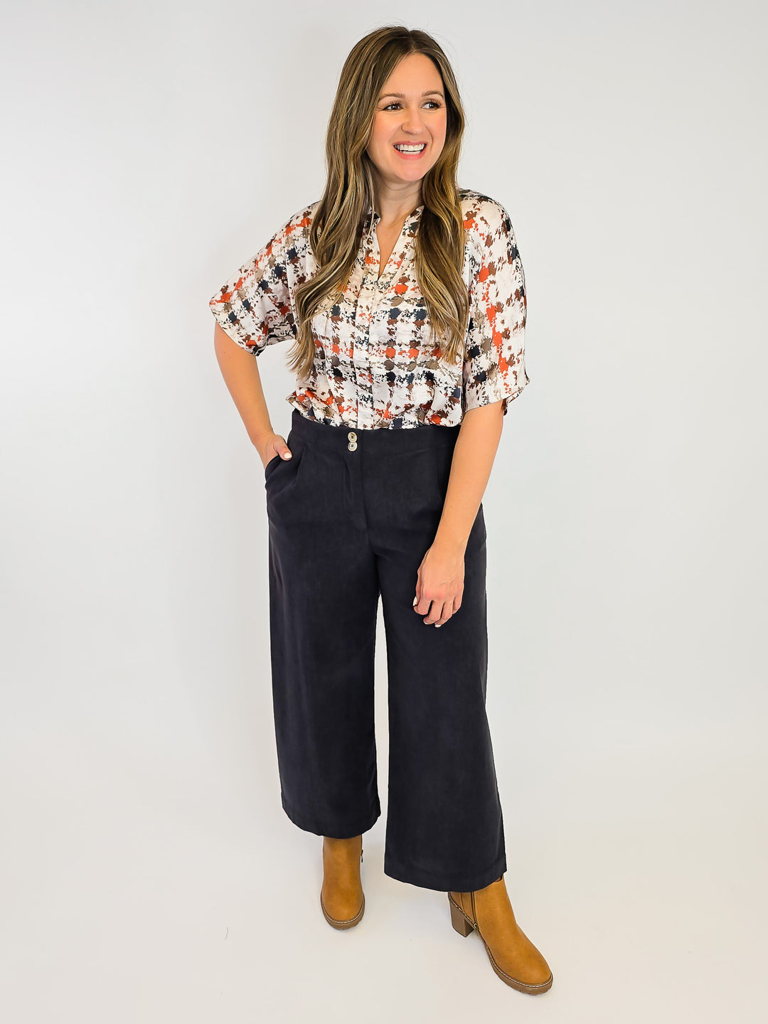 SHORT DOLMAN SLEEVE PLAID TOP - RUST COMBO
