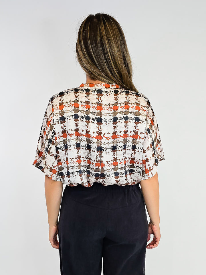 SHORT DOLMAN SLEEVE PLAID TOP - RUST COMBO