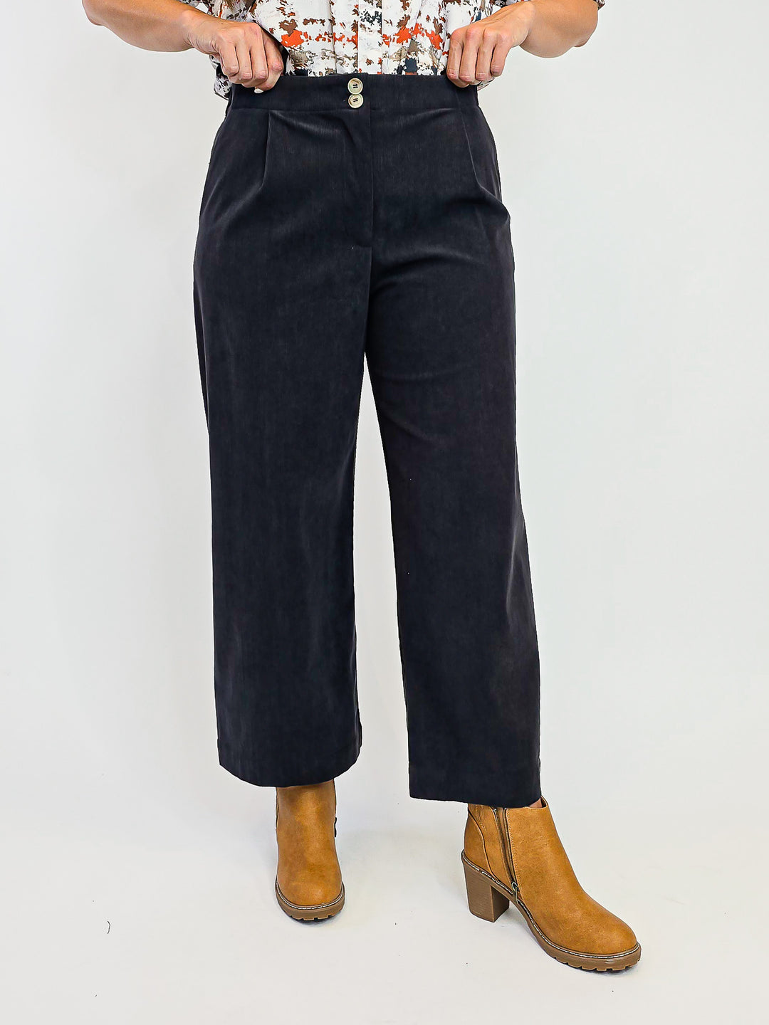 CORDUROY WIDE LEG PANTS - CHARCOAL