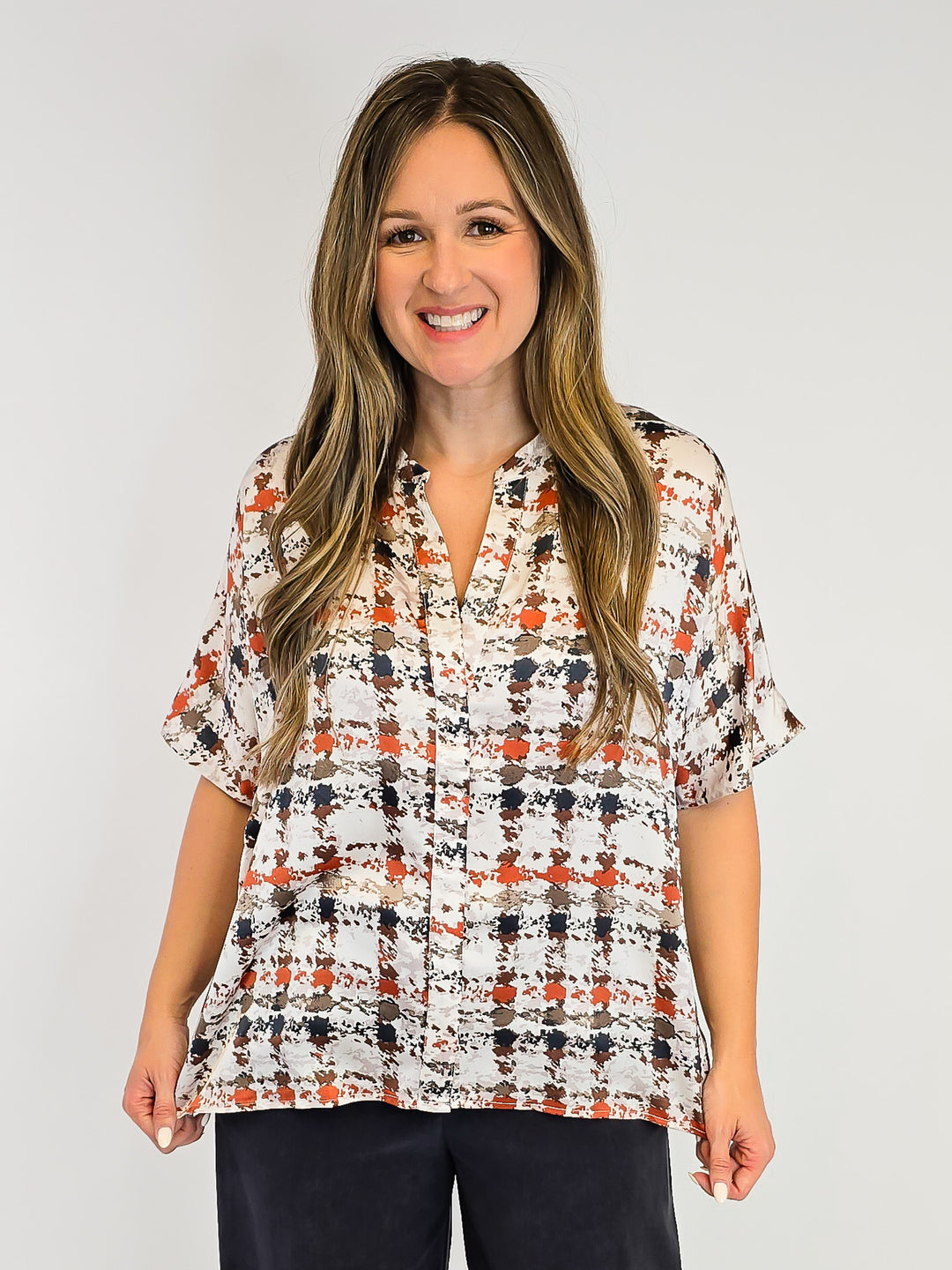 SHORT DOLMAN SLEEVE PLAID TOP - RUST COMBO