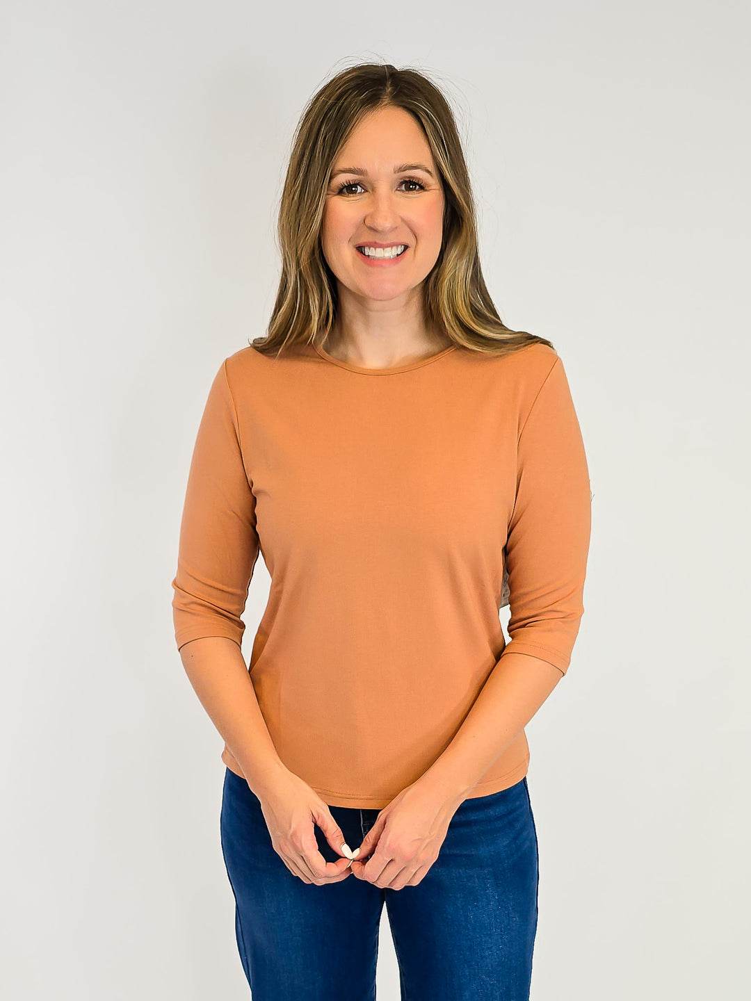 ELBOW SLEEVE SOLID KNIT TOP - CARAMEL