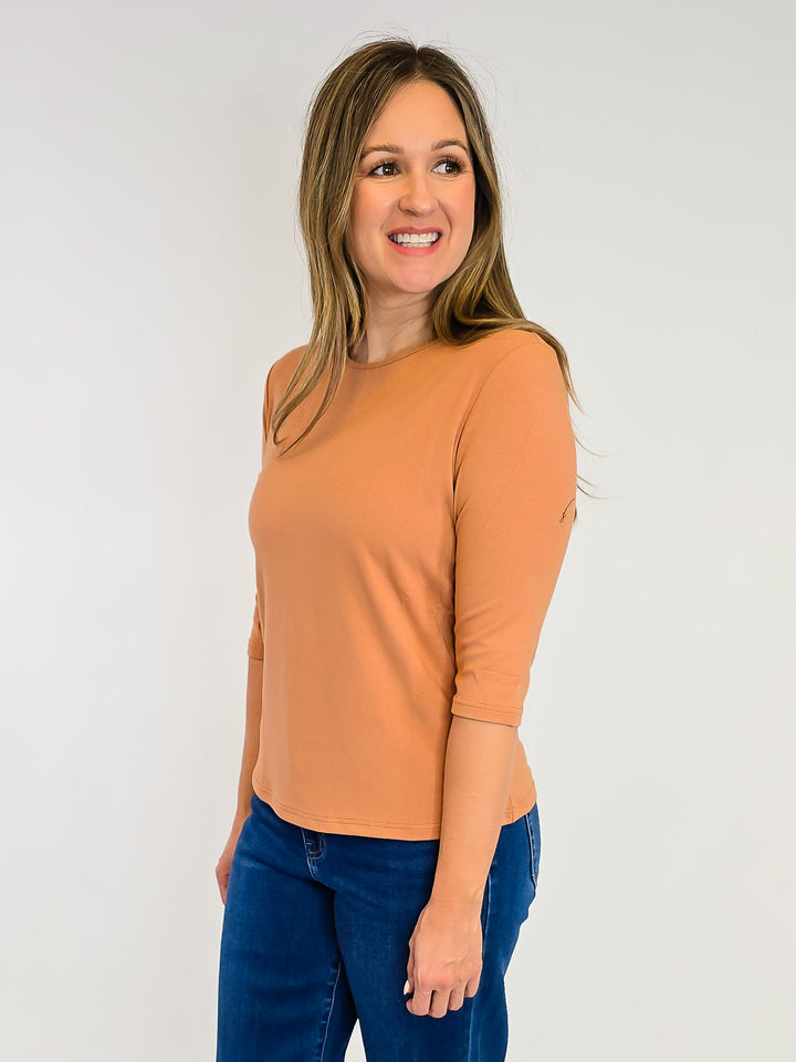 ELBOW SLEEVE SOLID KNIT TOP - CARAMEL