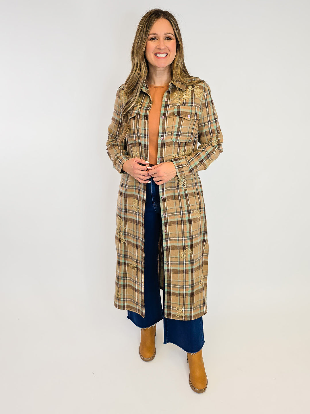 COLLARED PLAID BUTTON UP DUSTER - TAN