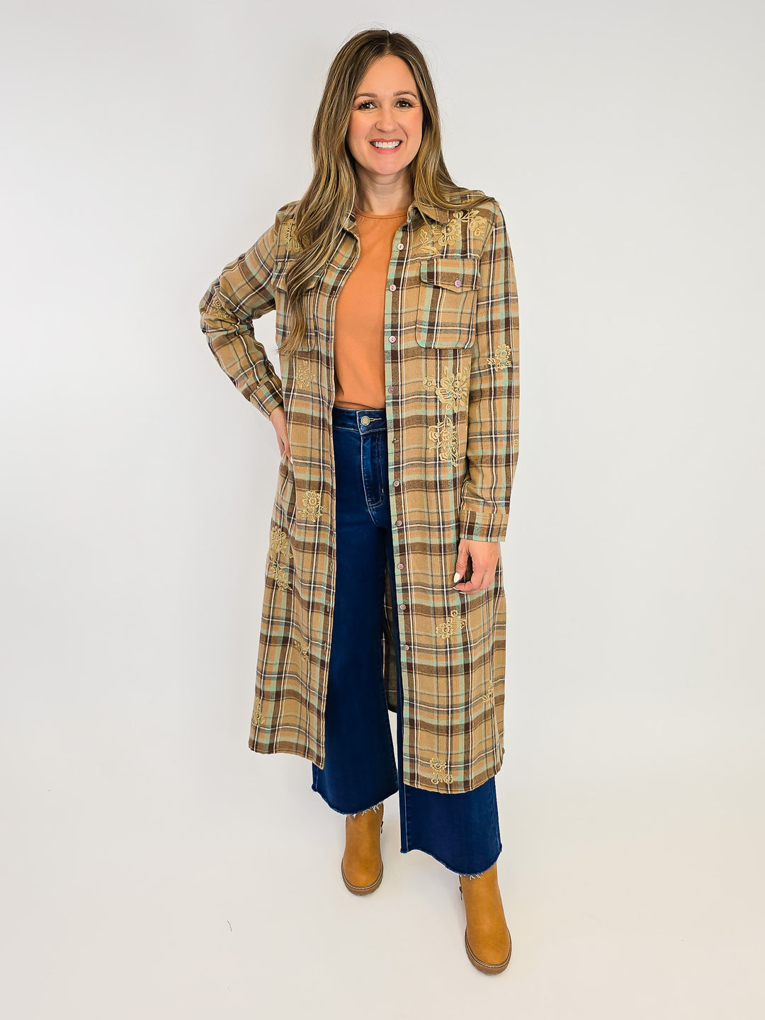 COLLARED PLAID BUTTON UP DUSTER - TAN