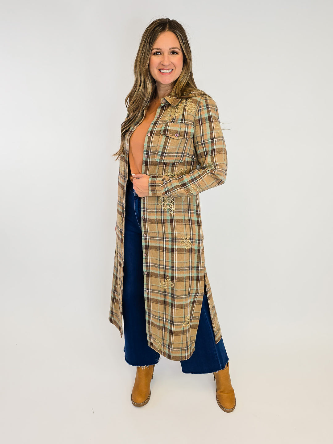 COLLARED PLAID BUTTON UP DUSTER - TAN