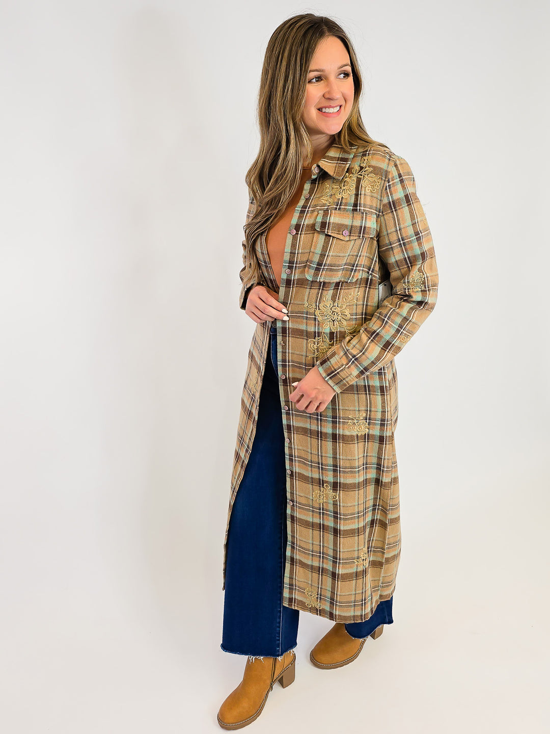 COLLARED PLAID BUTTON UP DUSTER - TAN