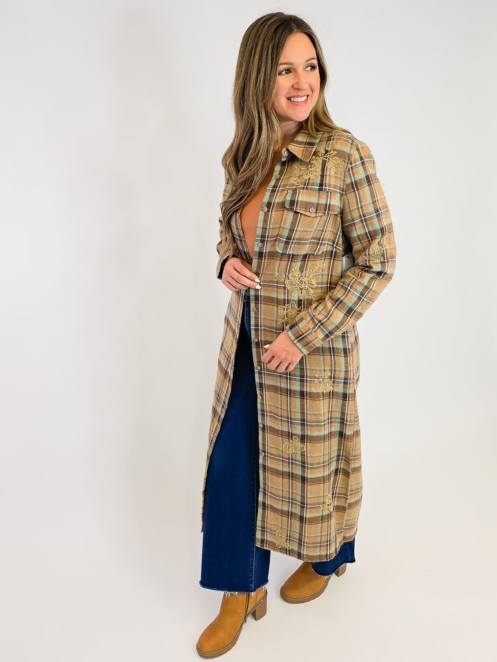 COLLARED PLAID BUTTON UP DUSTER - TAN