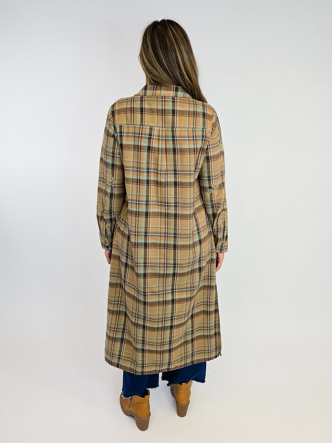 COLLARED PLAID BUTTON UP DUSTER - TAN