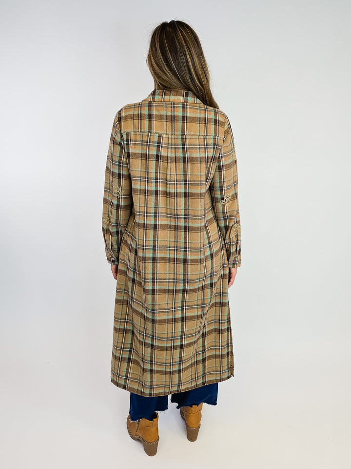 COLLARED PLAID BUTTON UP DUSTER - TAN