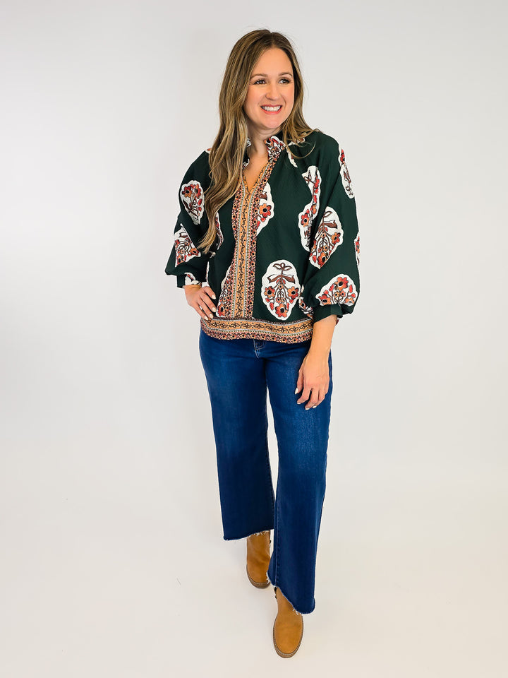 BOHO FLORAL PRINT TUNIC TOP W/BORDER PRINT - FOREST GREEN
