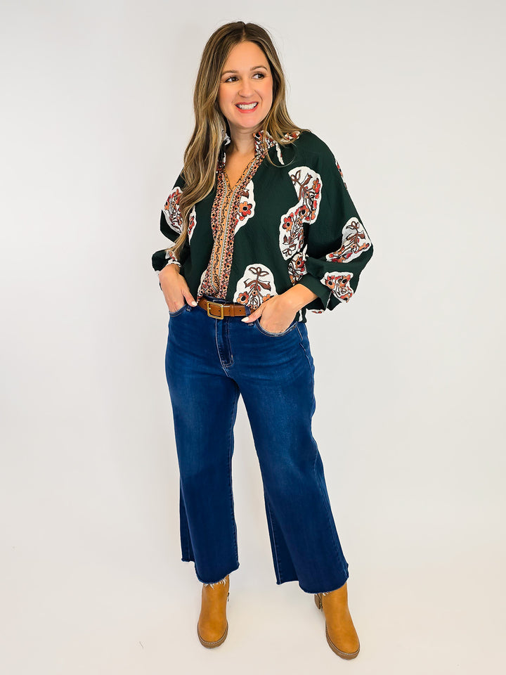 BOHO FLORAL PRINT TUNIC TOP W/BORDER PRINT - FOREST GREEN