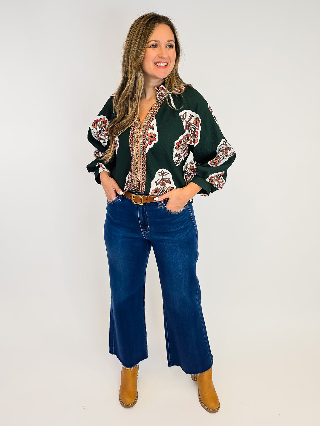 BOHO FLORAL PRINT TUNIC TOP W/BORDER PRINT - FOREST GREEN
